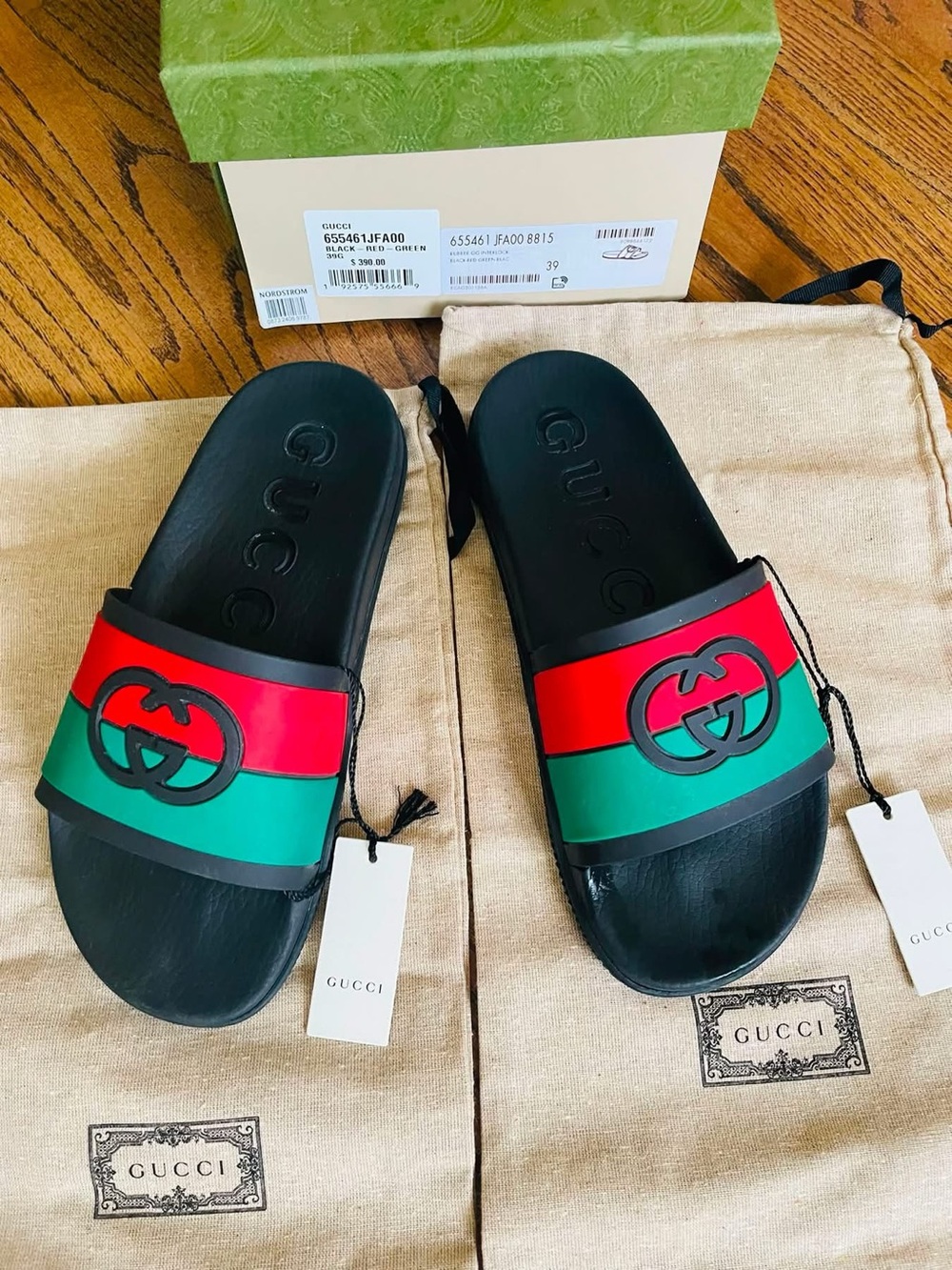 Gucci Black Slides with Red and Green Straps and Interlocking G